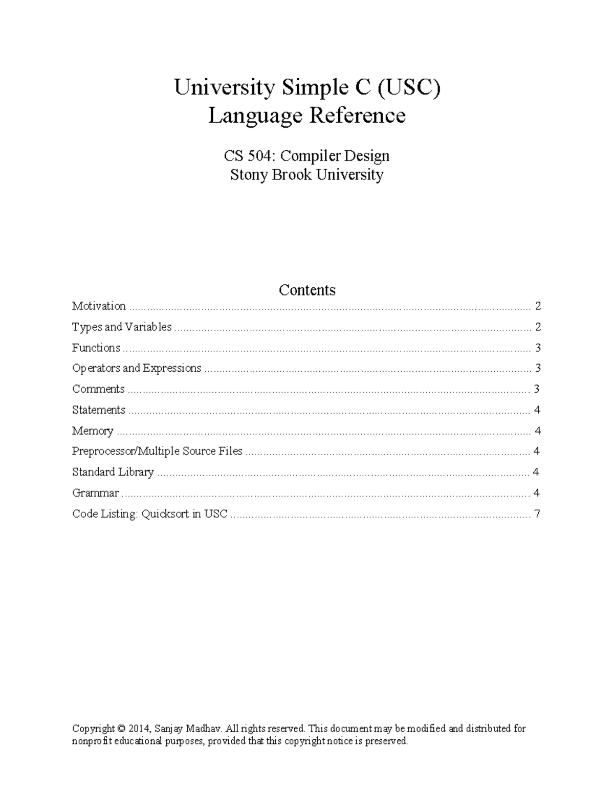 USC Language Reference: CS 504 Compiler Design Overview - Studocu