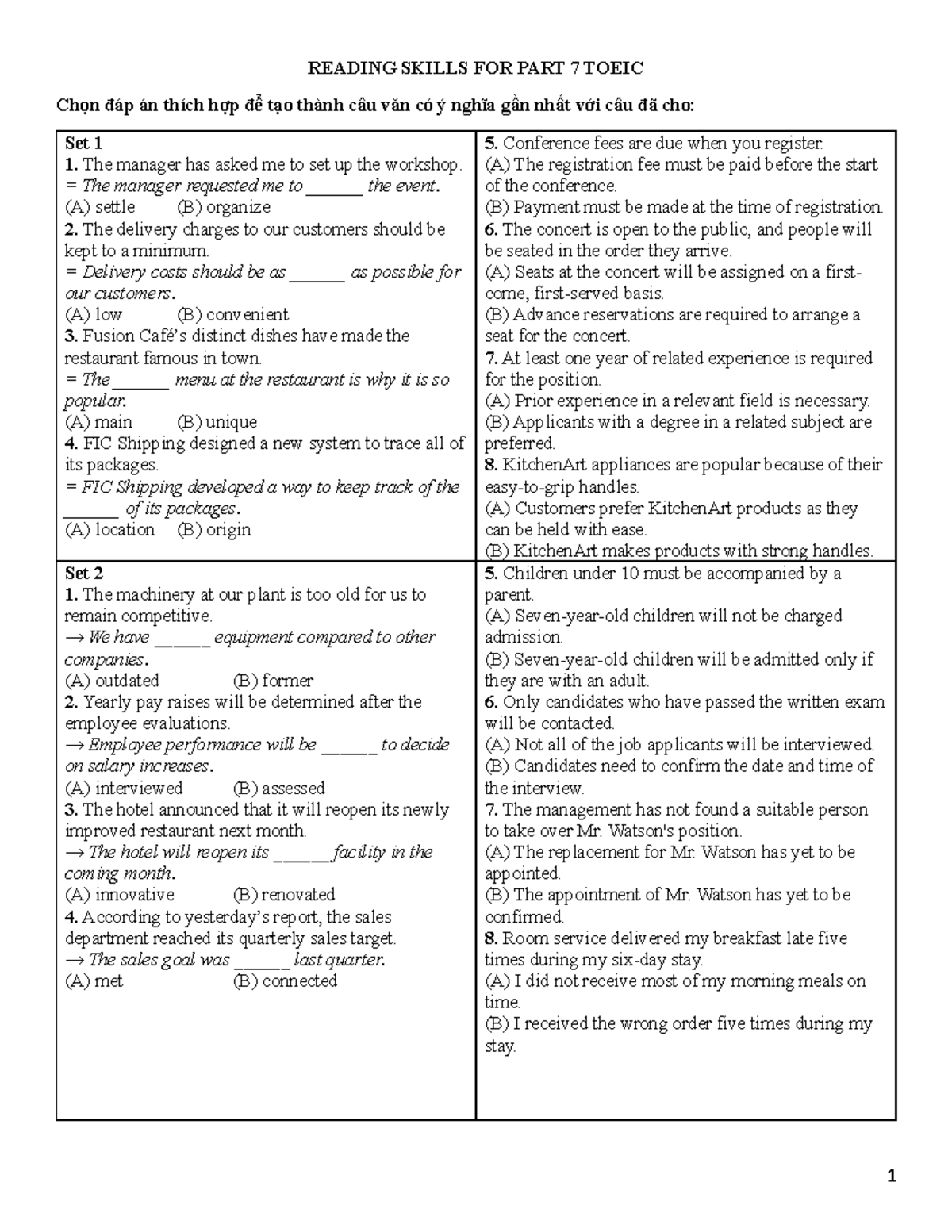 Reading Skills for Part 7 TOEIC: Sentence Completion Practice - Studocu