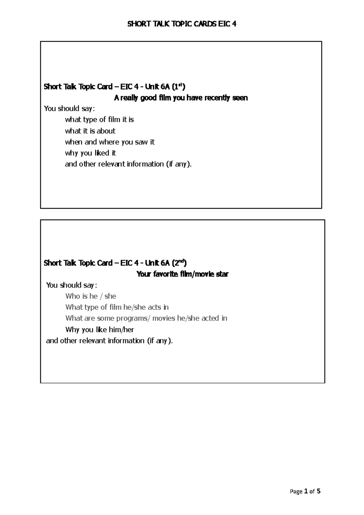 Short Talk Topic cards EIC 4 Midterm - SHORT TALK TOPIC CARDS EIC 4 ...