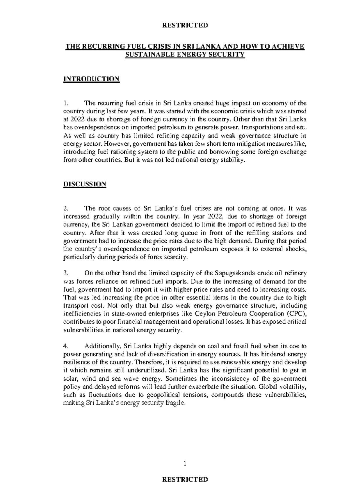 RESTRICTED Analytical Essay on Sri Lanka's Fuel Crisis and Energy ...