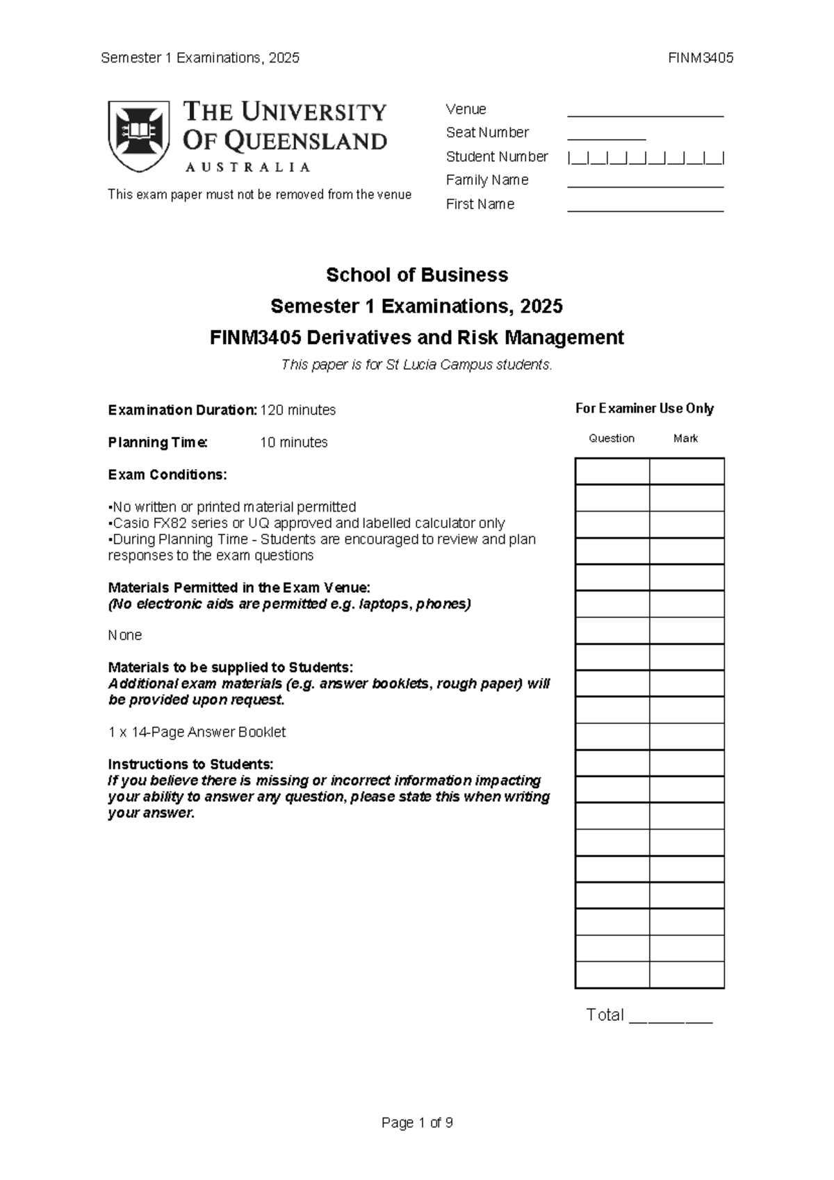 Semester 1 Exam 2025 FINM3405: Derivatives & Risk Management - Studocu