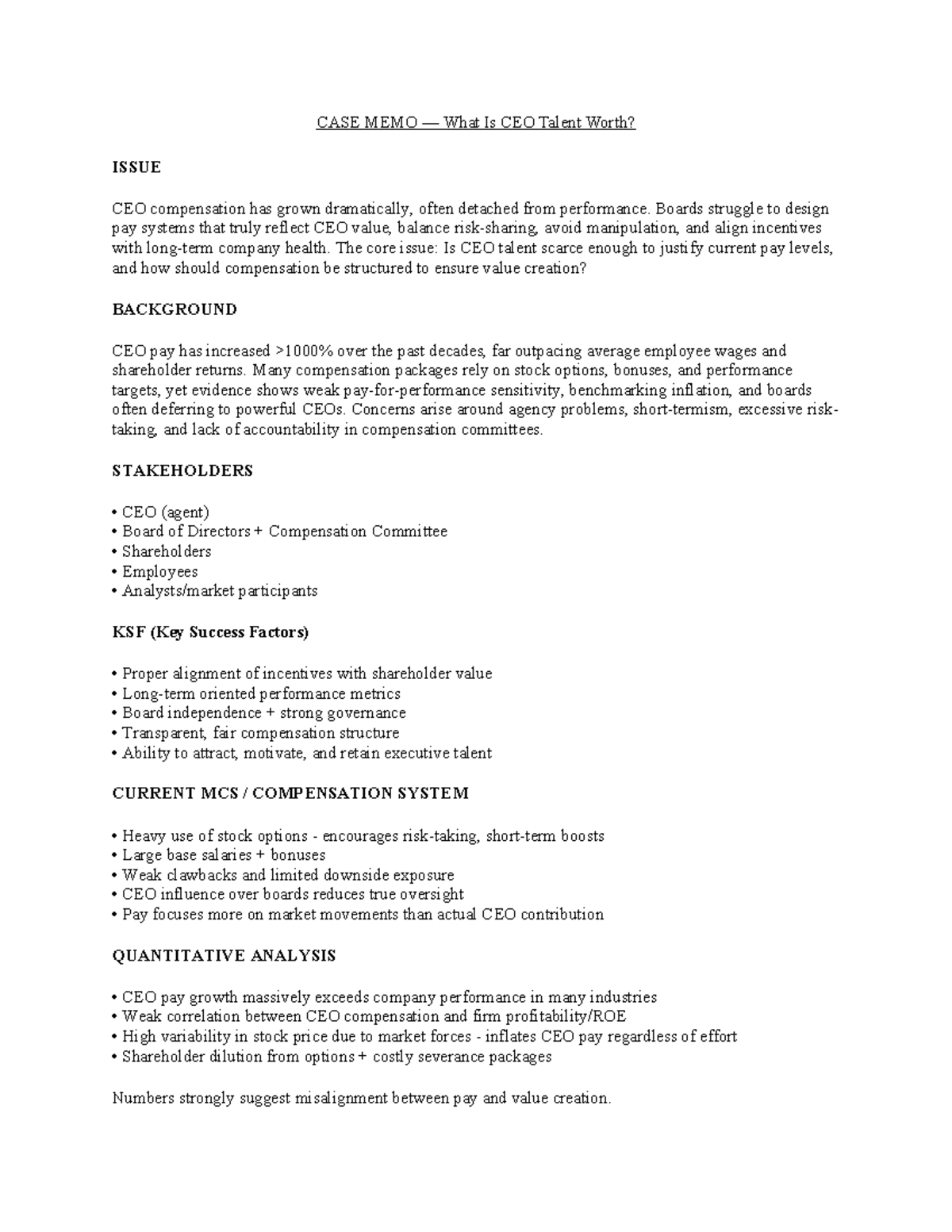 CASE MEMO - Evaluating CEO Compensation and Value Creation - Studocu