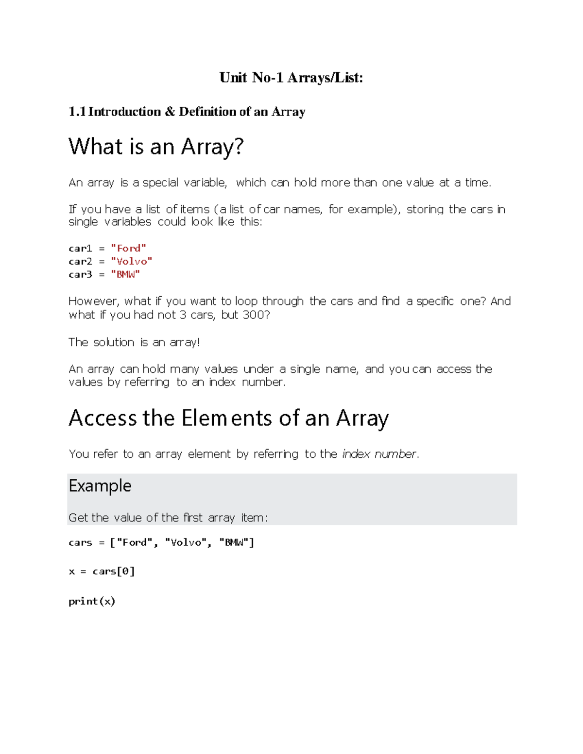 Unit No 1 Arrays List - Array and list - Unit No-1 Arrays/List: 1 ...