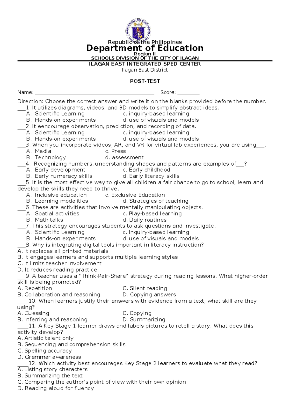 POST TEST: Key Stage Literacy Strategies and Assessment (EDU 101) - Studocu