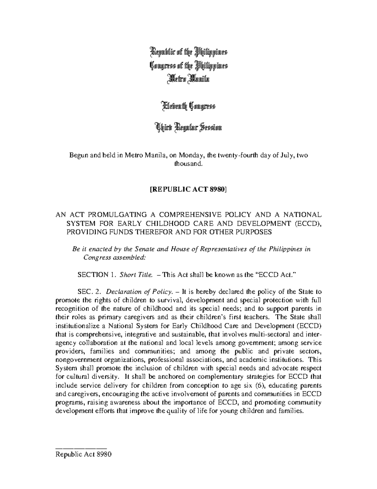 Republic Act 8980: Comprehensive Policy for Early Childhood Care - Studocu