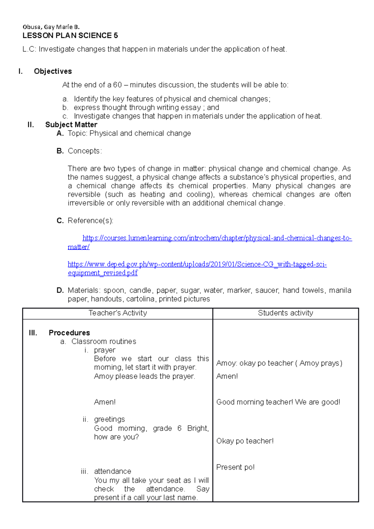 Lesson Plan for Investigating Physical & Chemical Changes in Science 5 ...