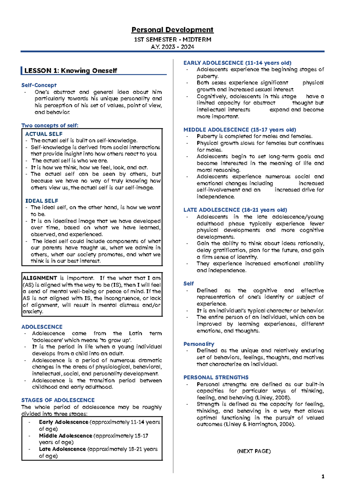 G11 Personal Development - 1st Sem - Midterm Study Notes - Studocu