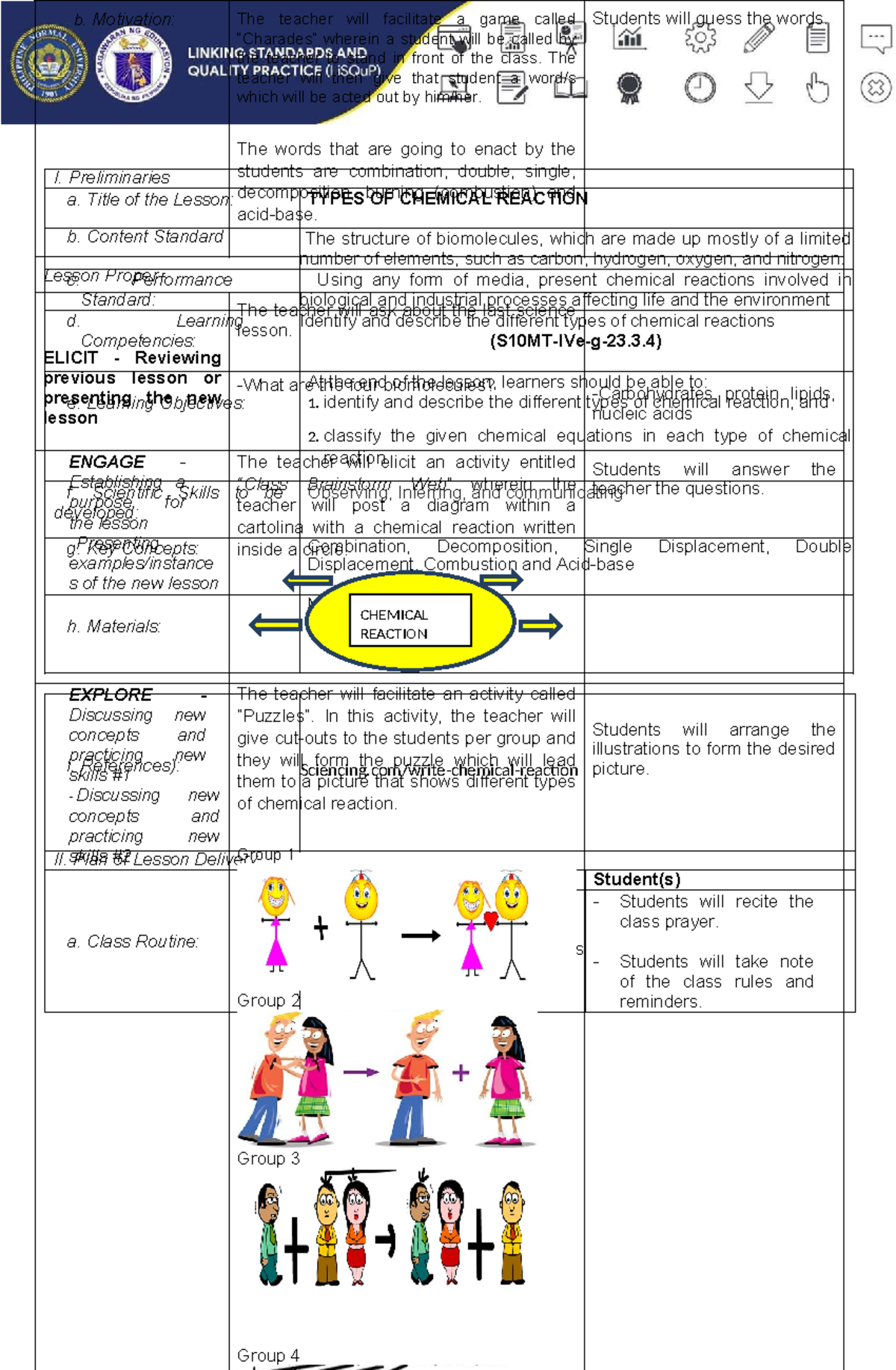 Types of Chemical Reactions: Lesson Exemplar for S10MT-IVe-g-23.3 - Studocu