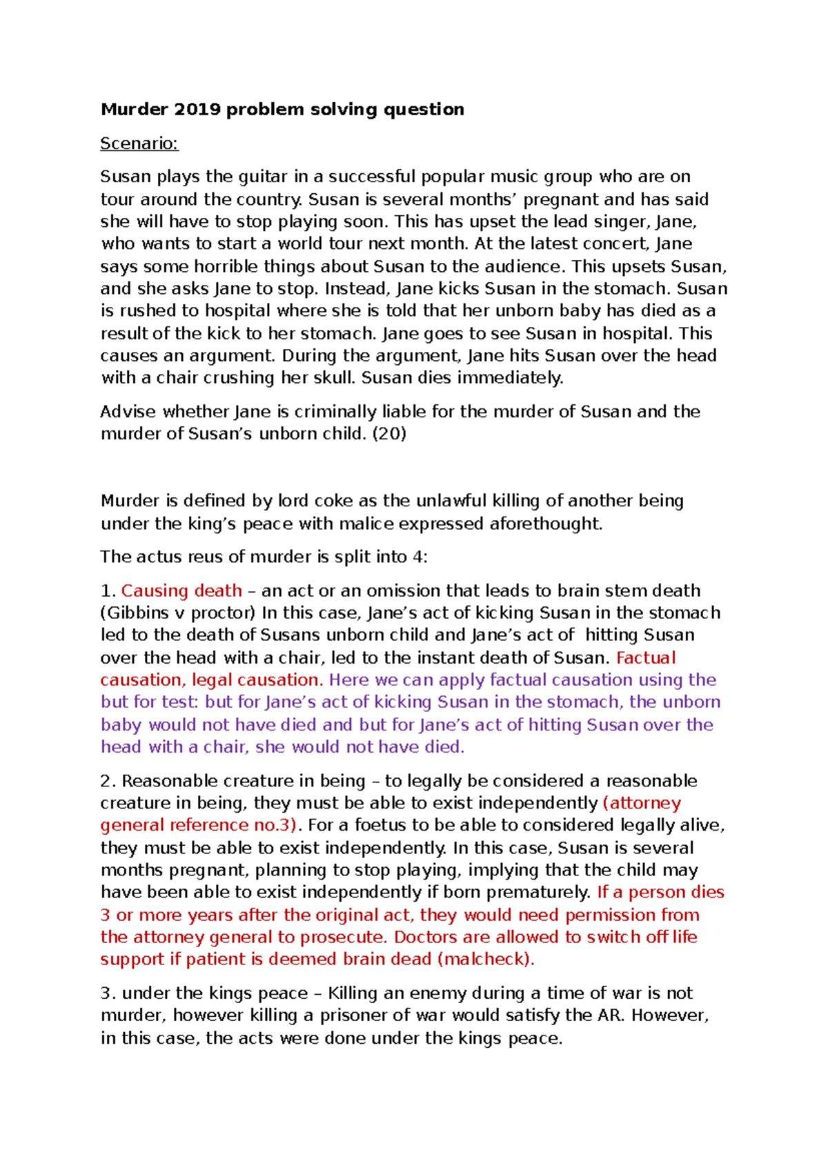 Murder Law Problem Solving: Jane's Liability for Susan's Death - Studocu