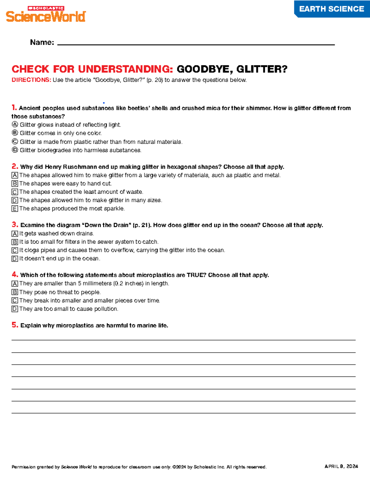 April+2024+Sci World - Science assignment - EARTH SCIENCE Name: 1 ...