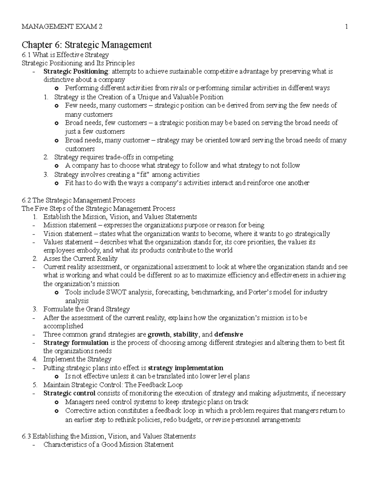 Management EXAM 2 - Test 4 study guide - Chapter 6: Strategic ...