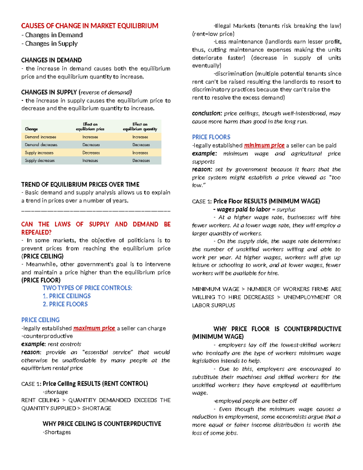 Ch4 notes - Summary on CAUSES OF CHANGE IN MARKET EQUILIBRIUM - CAUSES ...