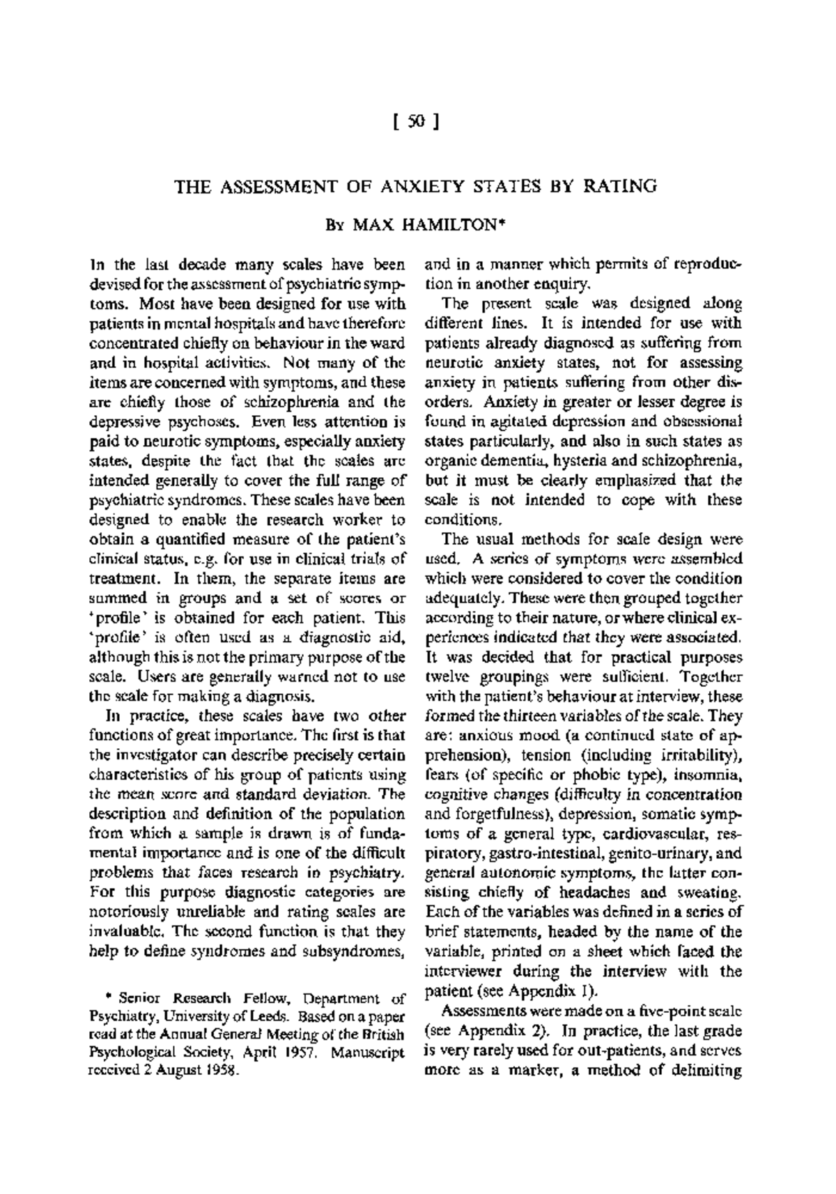 Assessment of Anxiety States: Hamilton Scale (1959) Overview - Studocu