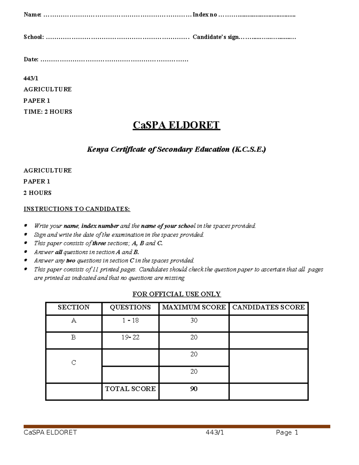 K.C.S.E. Agriculture Paper 1 Exam Questions and Guidelines - Studocu