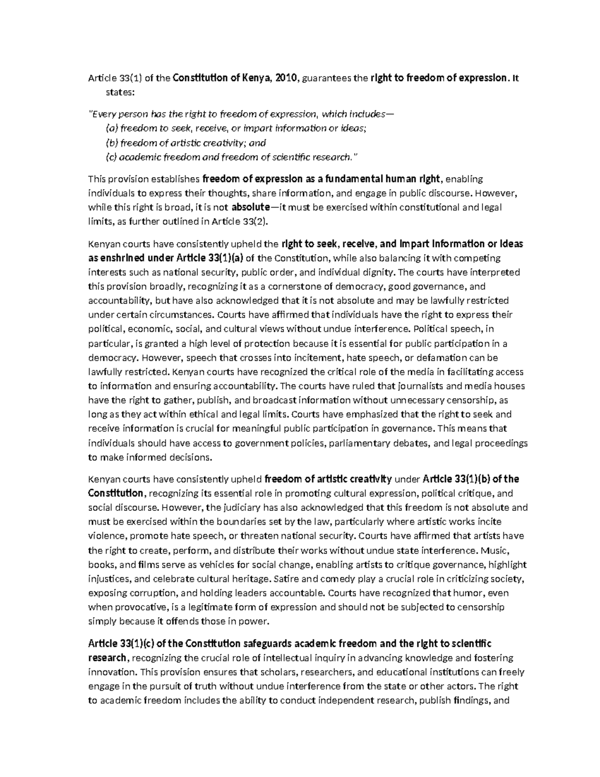 Article 33 provides for freedom of expression - Article 33(1) of the ...