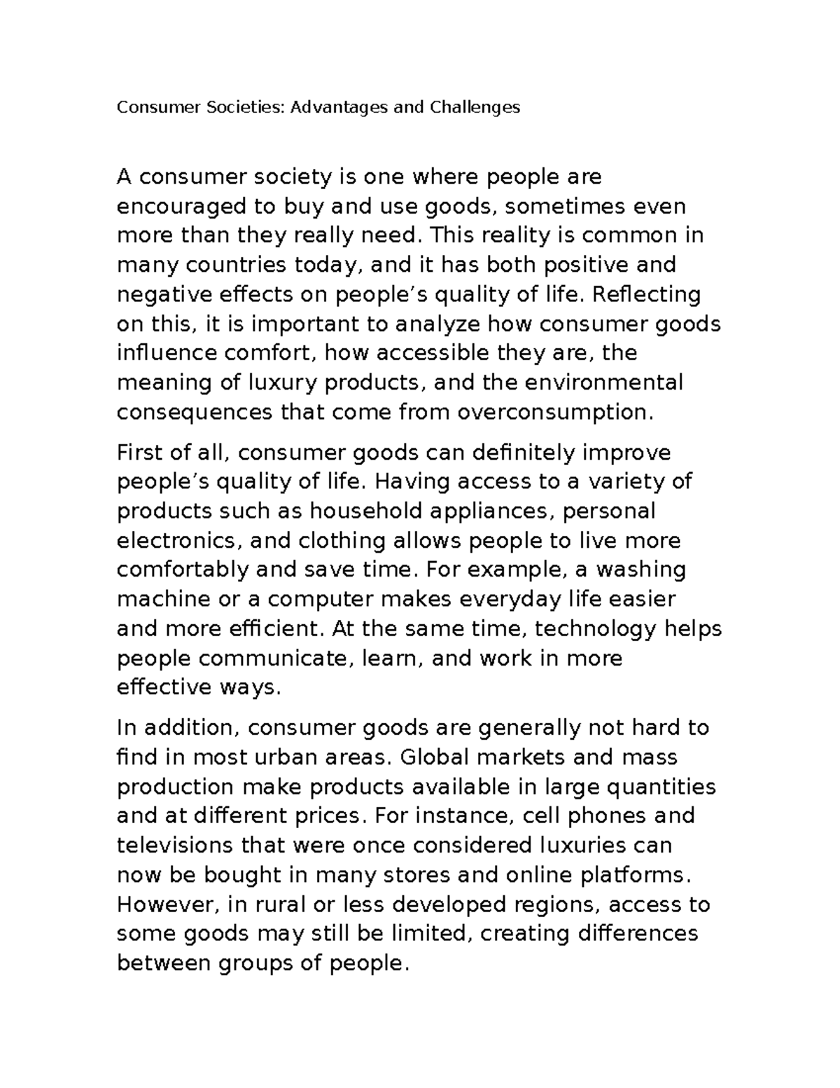 Consumer Societies: Pros & Cons - Activity 5 Analysis - Studocu