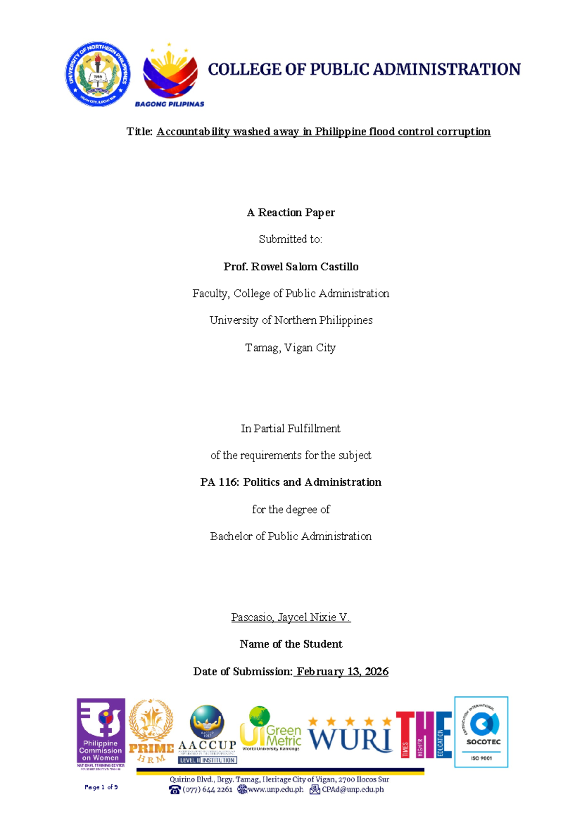 PA 116: Reaction Paper on Flood Control Corruption in the Philippines ...