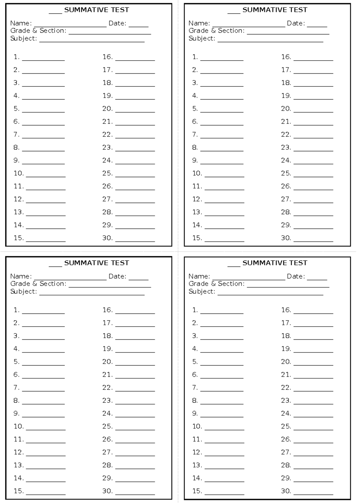 SUMMATIVE TEST ANSWER SHEETS - Studocu
