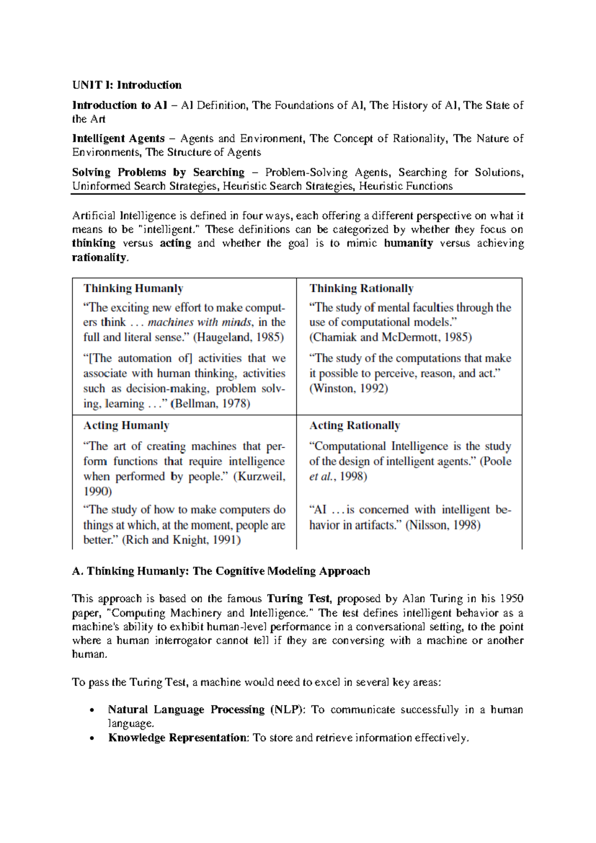 Unit-1 Notes: Introduction to AI Concepts and Intelligent Agents - Studocu