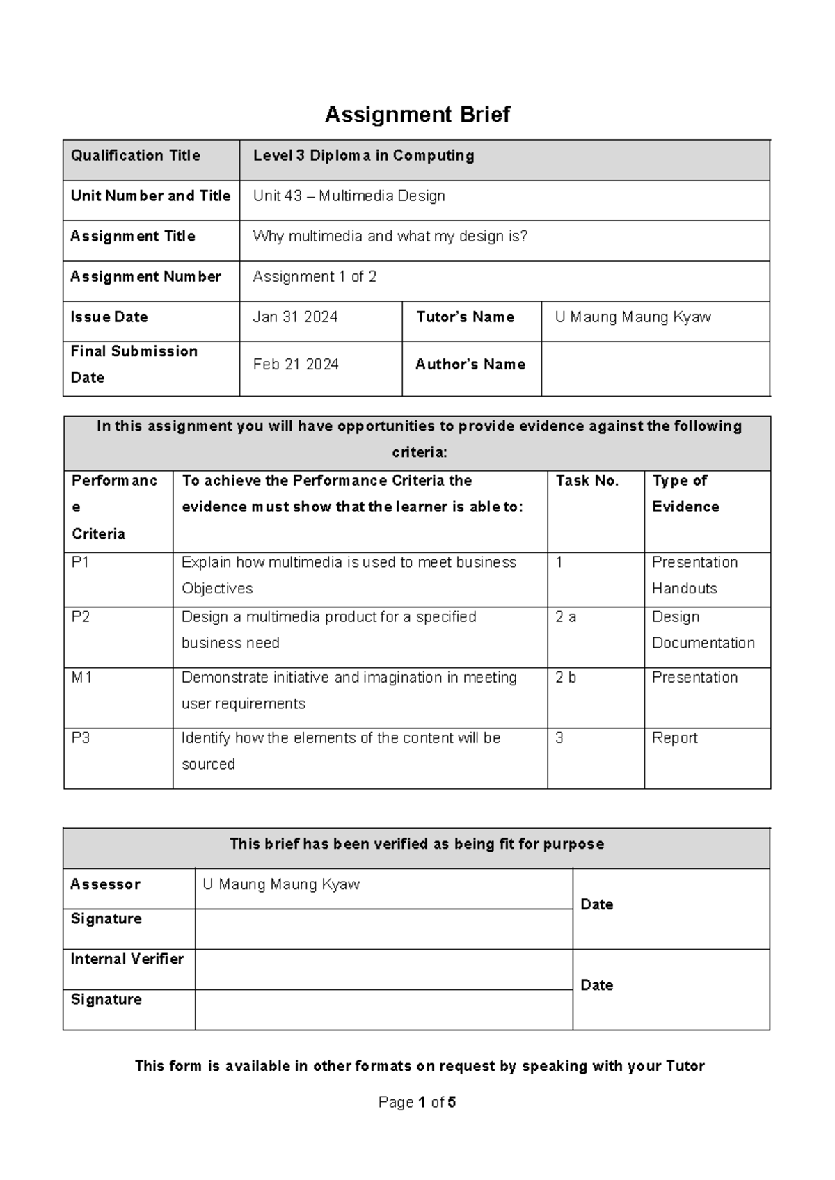 03 Assignment Brief A1-Unit 43 - Assignment Brief Qualification Title ...