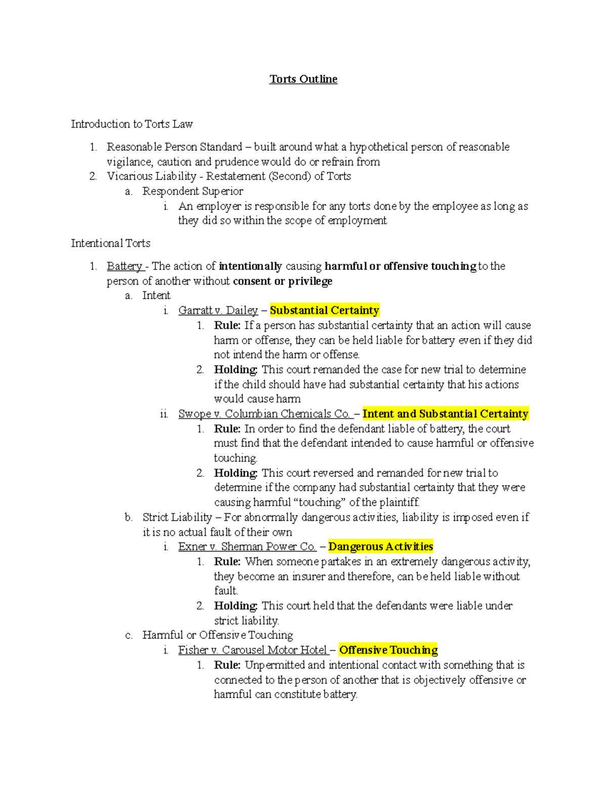 Torts Law Outline: Key Concepts and Case Summaries - Studocu