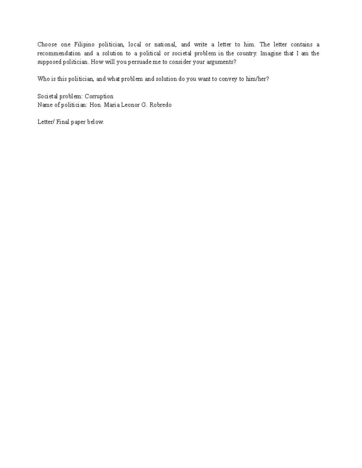 Polgov: Letter to Hon. Maria Leonor G. Robredo on Corruption Solutions ...