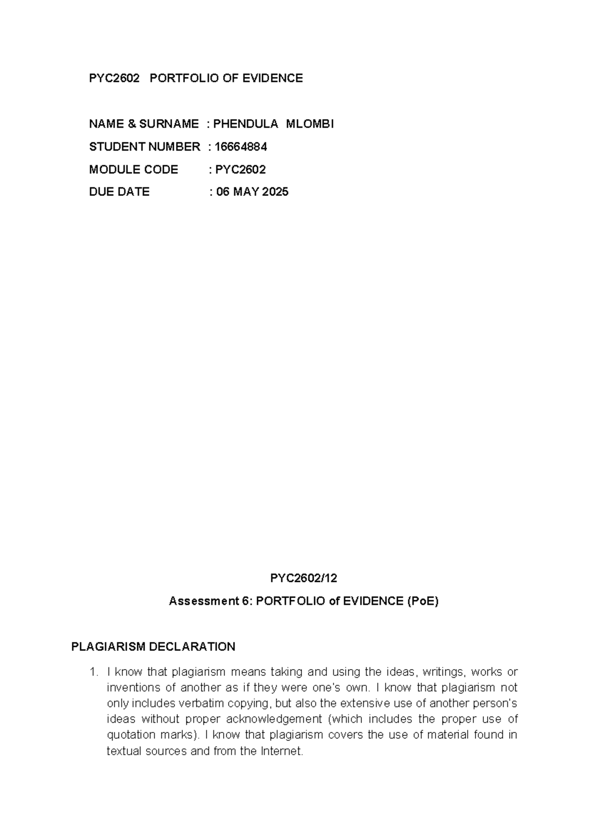 PYC2602 Portfolio of Evidence: Reflections on Learning and Challenges ...