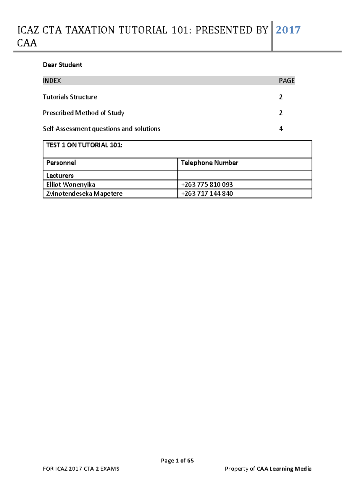 Taxation Tutorial 101: 2017 ICAZ CTA Unisa Study Guide & Self ...