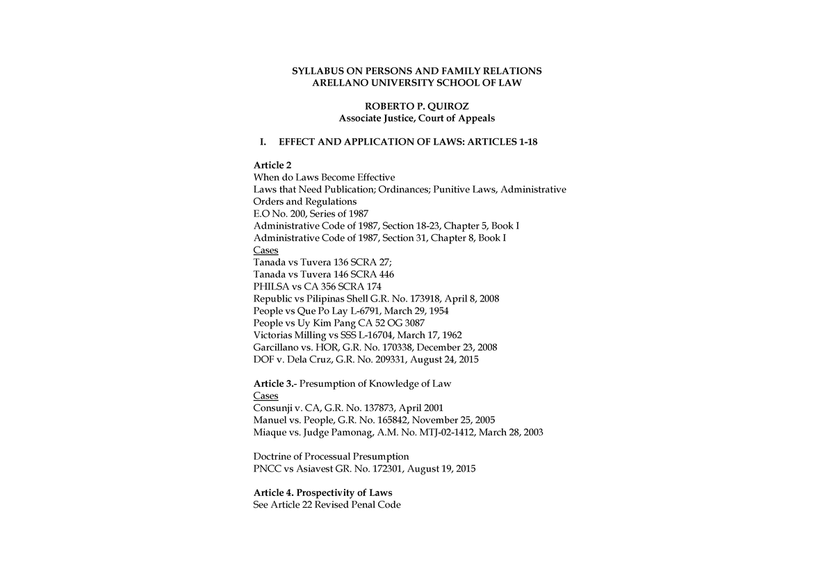 SYLLABUS: PERSONS AND FAMILY RELATIONS (ARELLANO LAW) - Document Preview