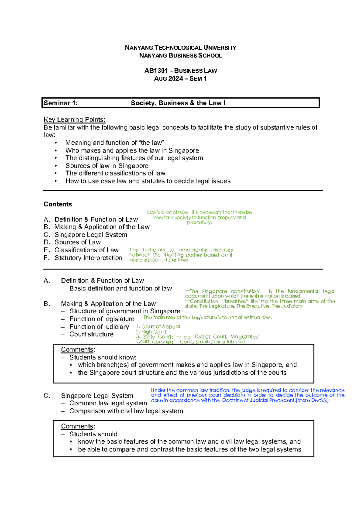 AB1301 Business Law Seminar 1: Key Legal Concepts & Frameworks - Studocu