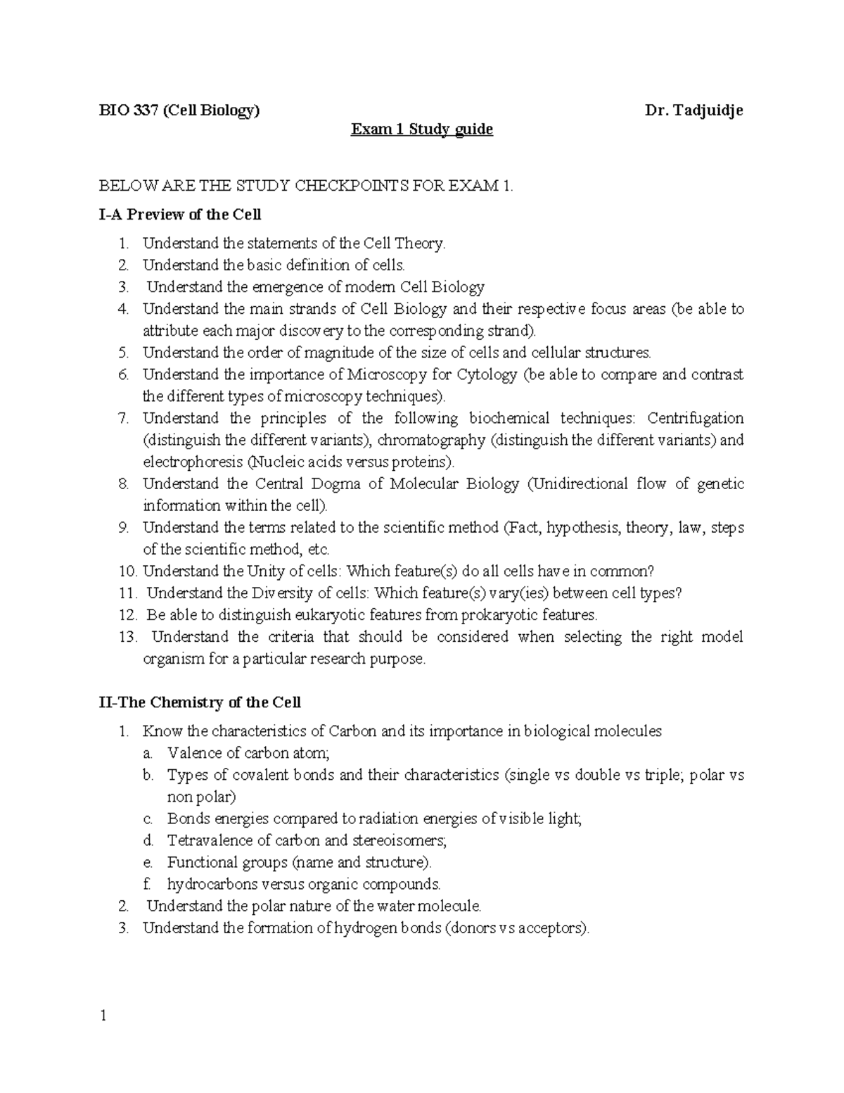 BIO 337 Exam 1 Study Guide: Core Topics in Cell Biology - Studocu