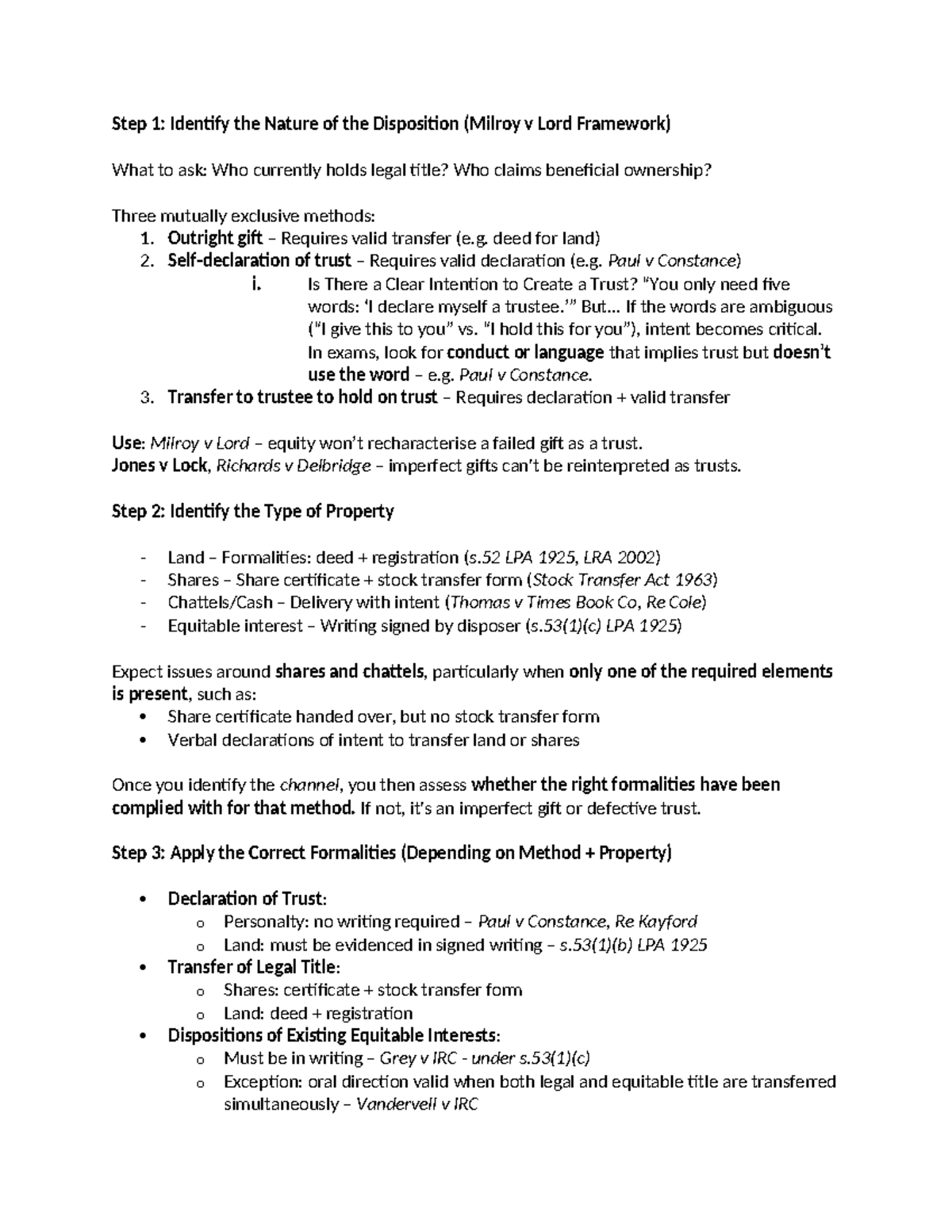 Equity and Trusts Unit 1: Disposition Analysis (Milroy v Lord) - Studocu