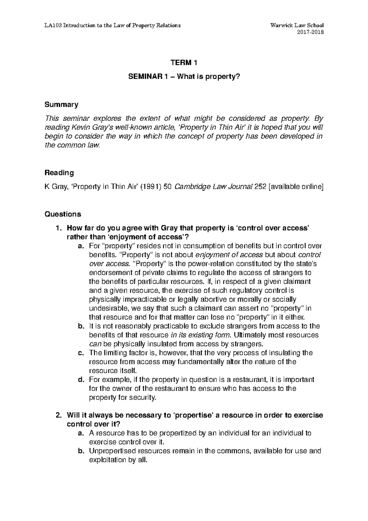 LA103 Property Seminar 1: Exploring the Nature of Property Concepts ...