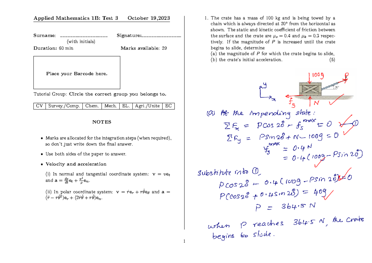 Applied Mathematics 1B: Test 3 Memo - Dynamics, Oct 19 - Studocu