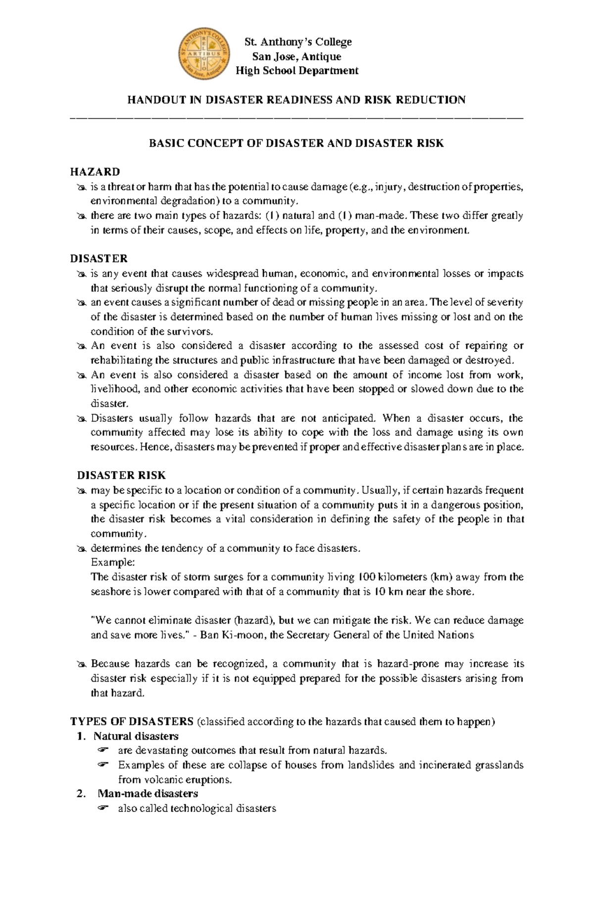 Handout on Disaster Readiness & Risk Reduction: Basic Concepts - Studocu