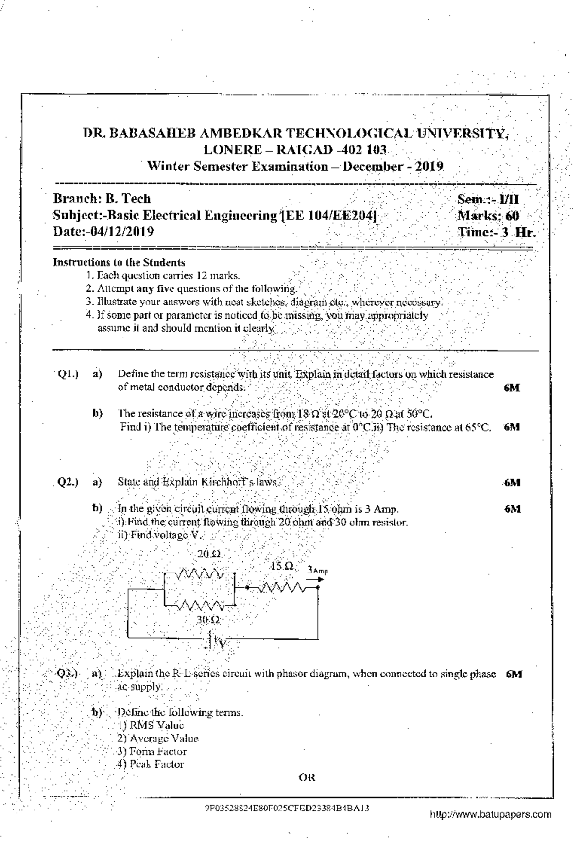 B.Tech 1st Year Basic Electrical Engineering Exam EE104 Dec 2019 - Studocu