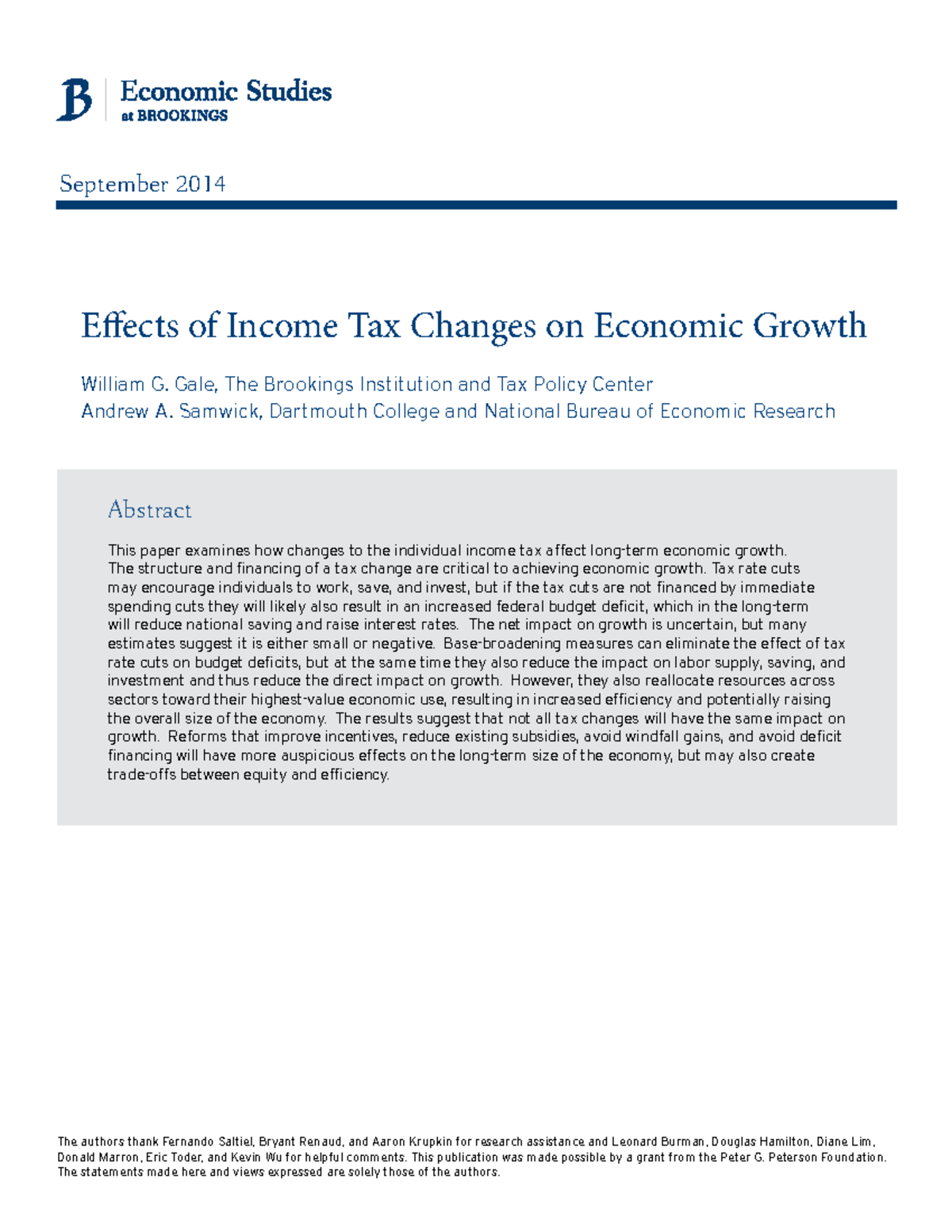 09 Economic Growth Impacts of Income Tax Changes by Gale & Samwick ...