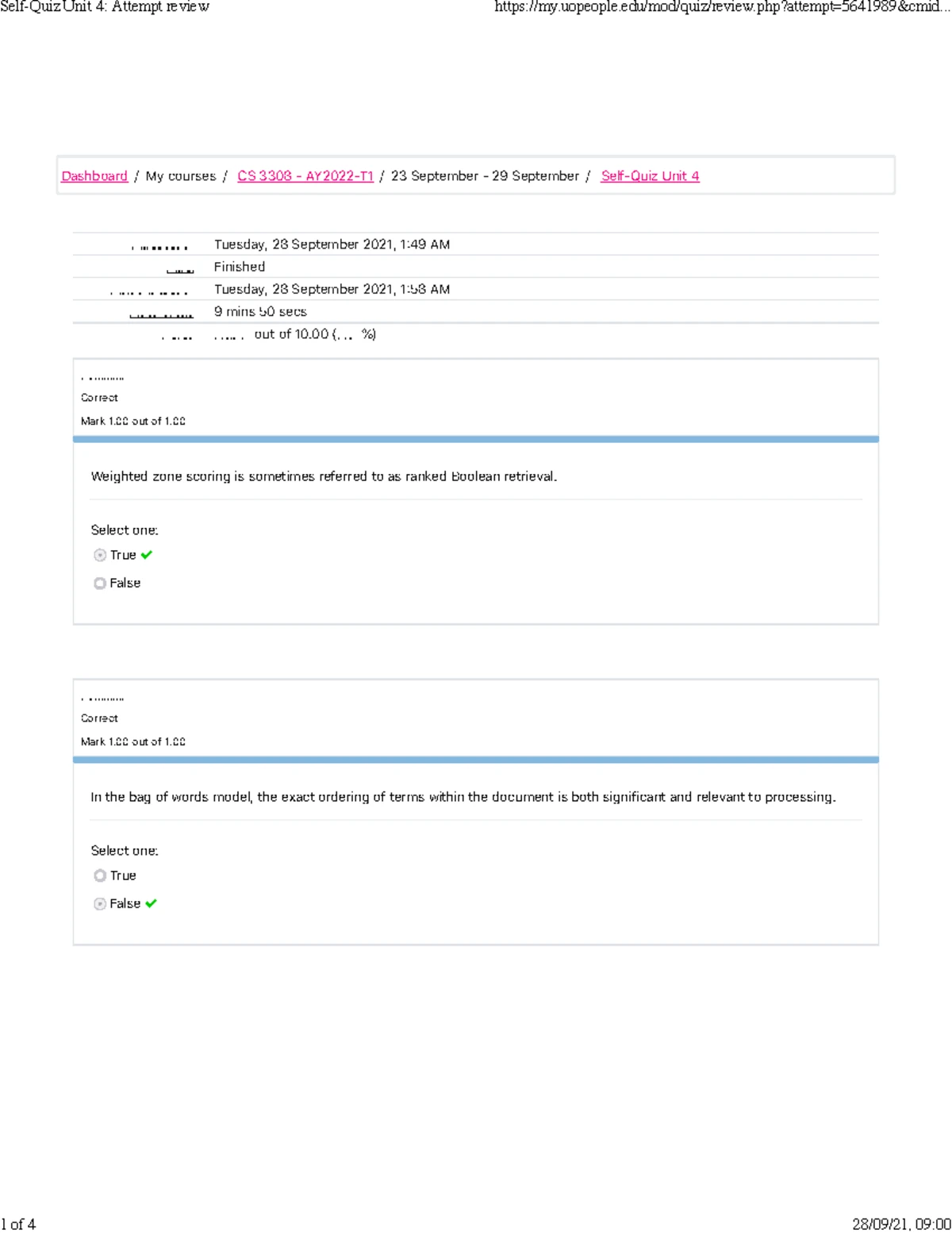 CS 3308 Self Quiz: Unit 2 Attempt Review and Answers - Studocu