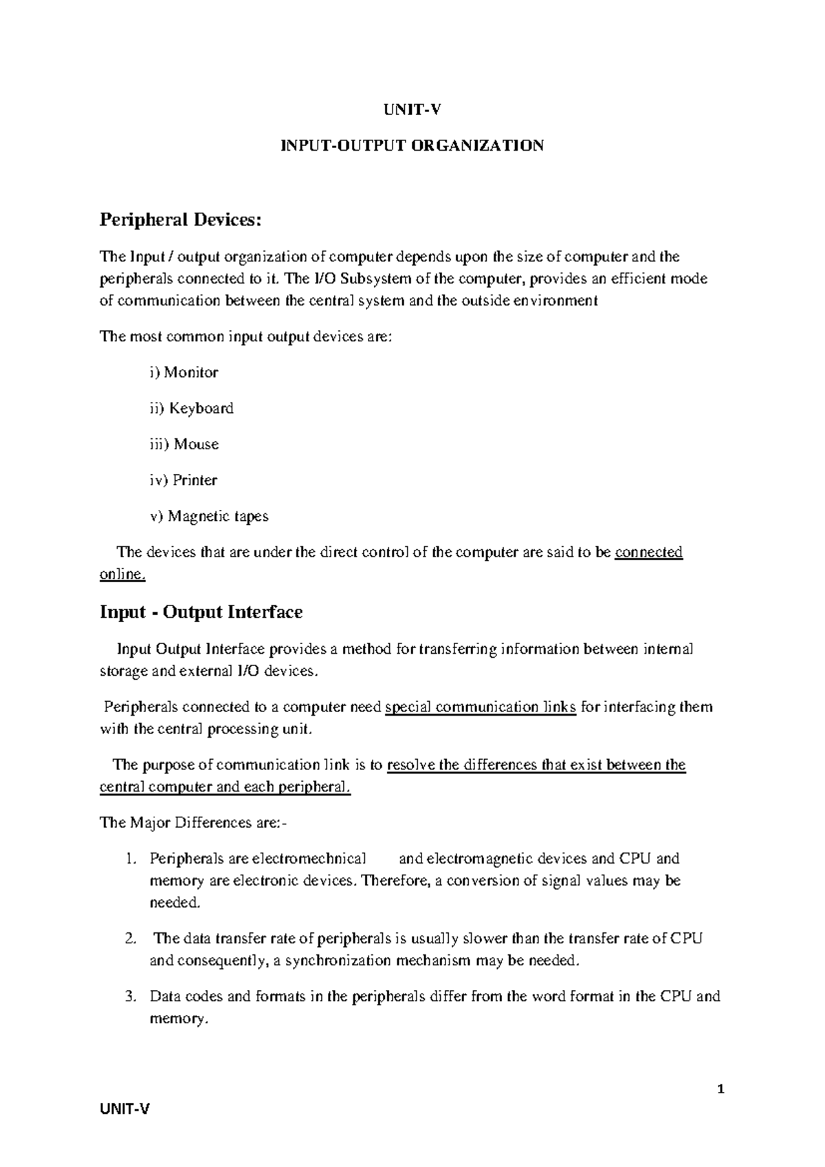 COA-Unit4 - lecture notes for unit 4 - 1 UNIT-V INPUT-OUTPUT ...