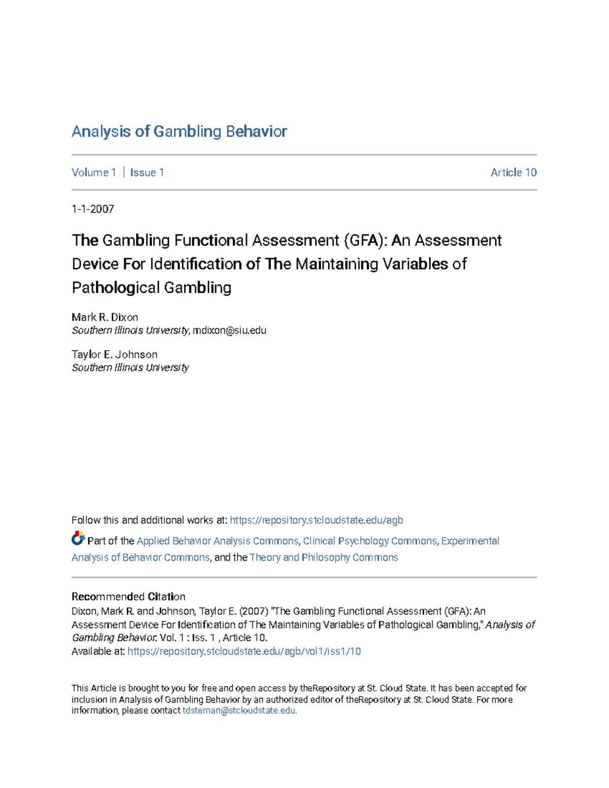 The Gambling Functional Assessment (GFA): Identifying Variables in ...