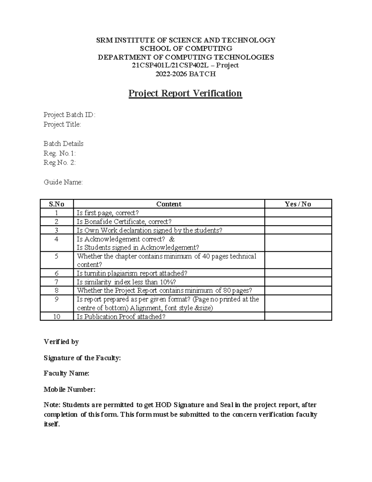 SRM IST CSE Project Report Verification Checklist - Studocu