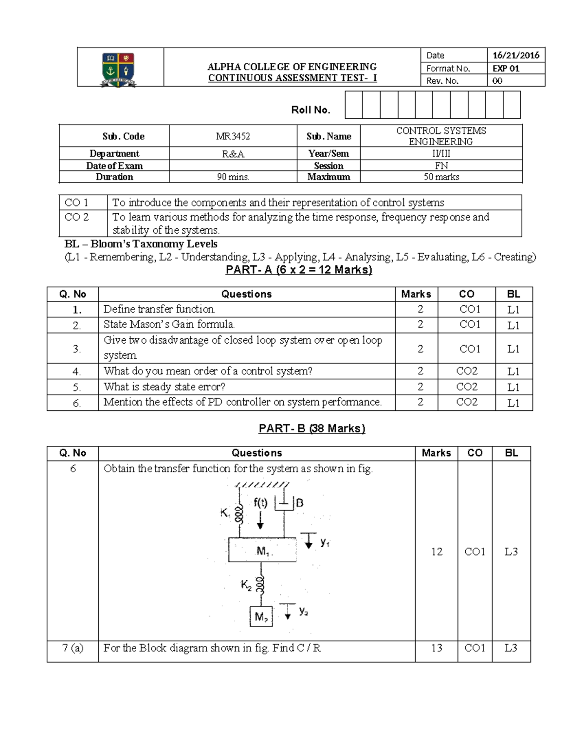 CS MR3452 Control Systems Engineering CAT I Set B Questions - Studocu