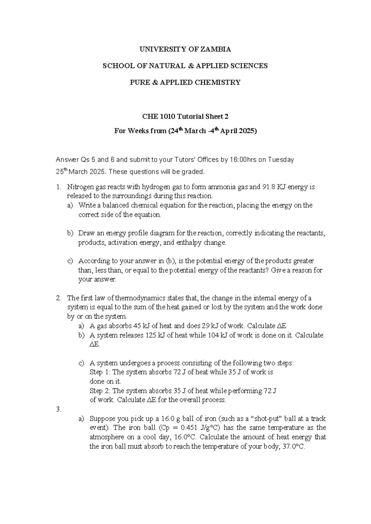 CHE 1010 Tutorial Sheet 2(24th March-4th April 2025) - UNIVERSITY OF ...
