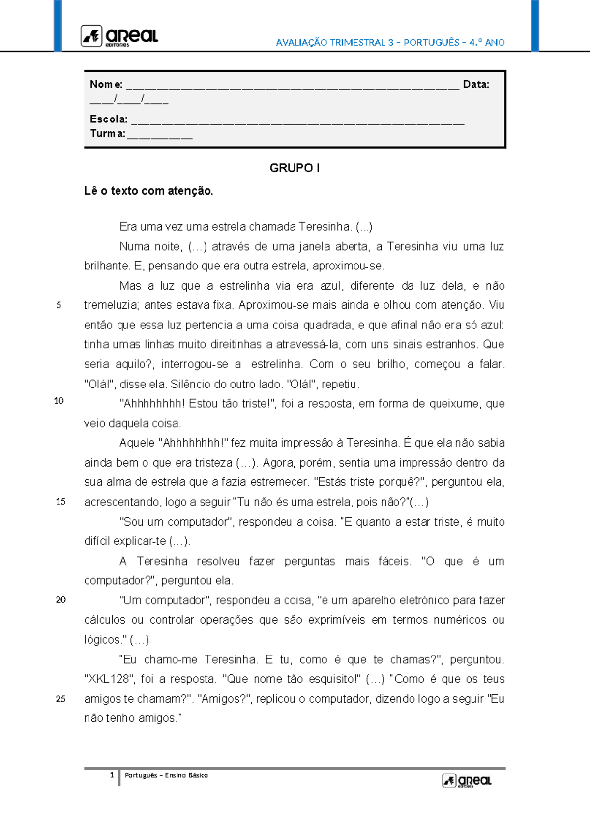 Avaliação Trimestral 3 - Português 4.º Ano - Enunciado 2023 - Studocu
