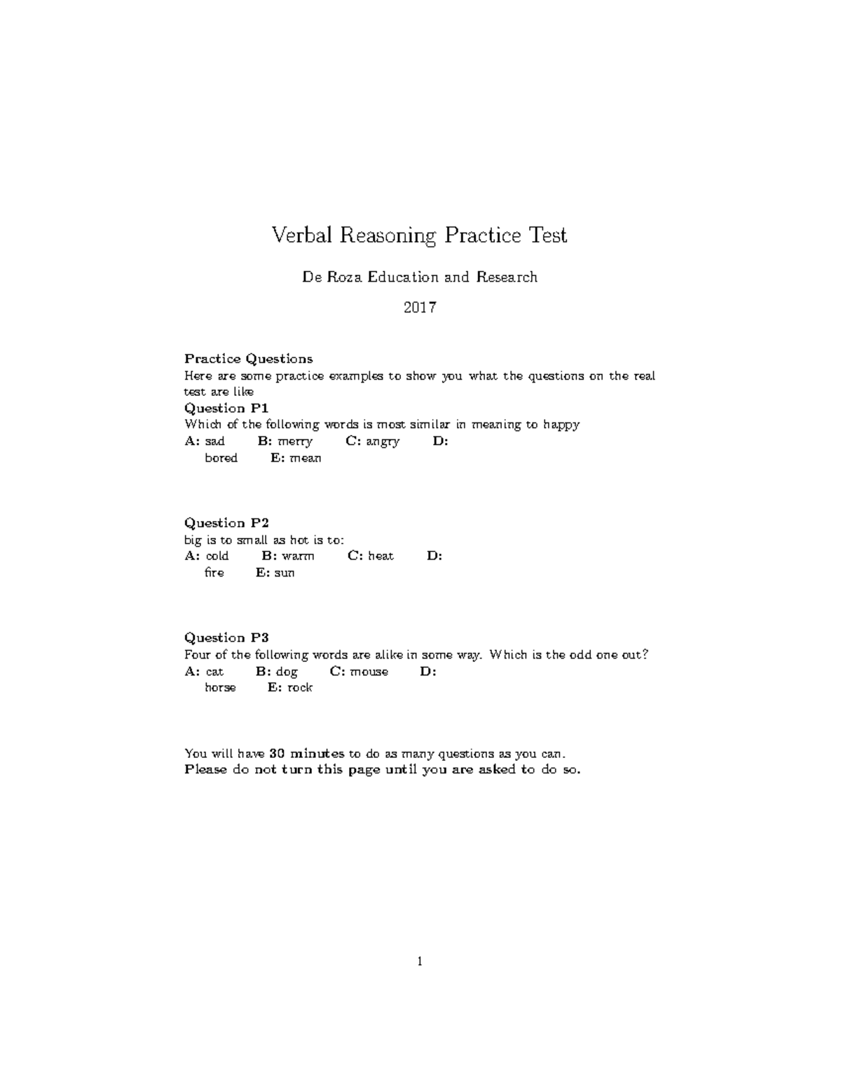 Sample Verbal Reasoning Practice Test (2017) - De Roza Education - Studocu