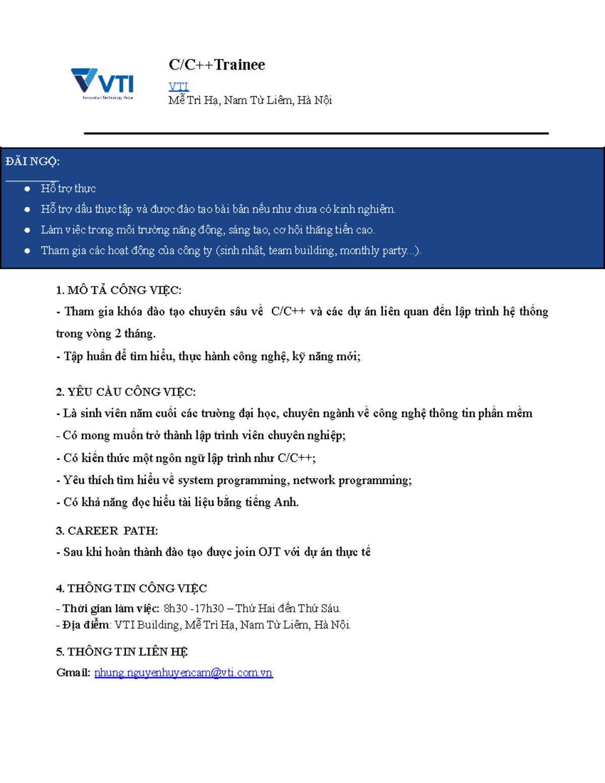 JD C/C++ Trainee Position at VTI - Hà Nội - Studocu