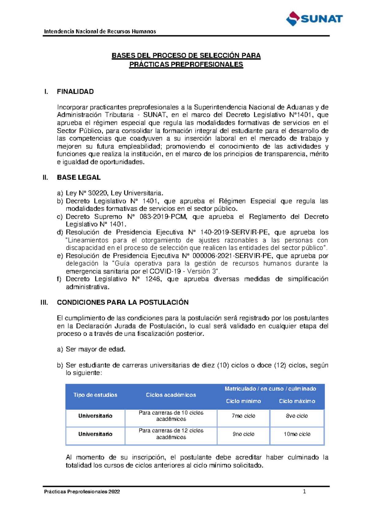 Bases del Proceso de Selección para Prácticas Preprofesionales 2022 ...