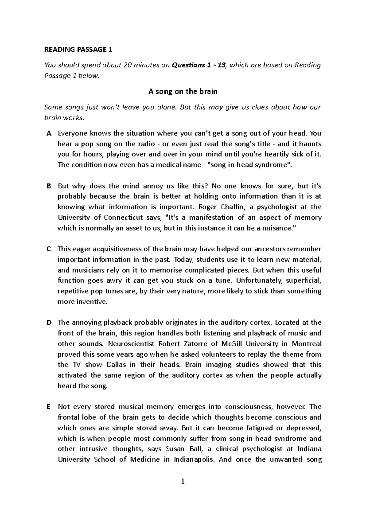 IE2 3 Final Reading Test: Understanding the Effects of Music on Memory ...