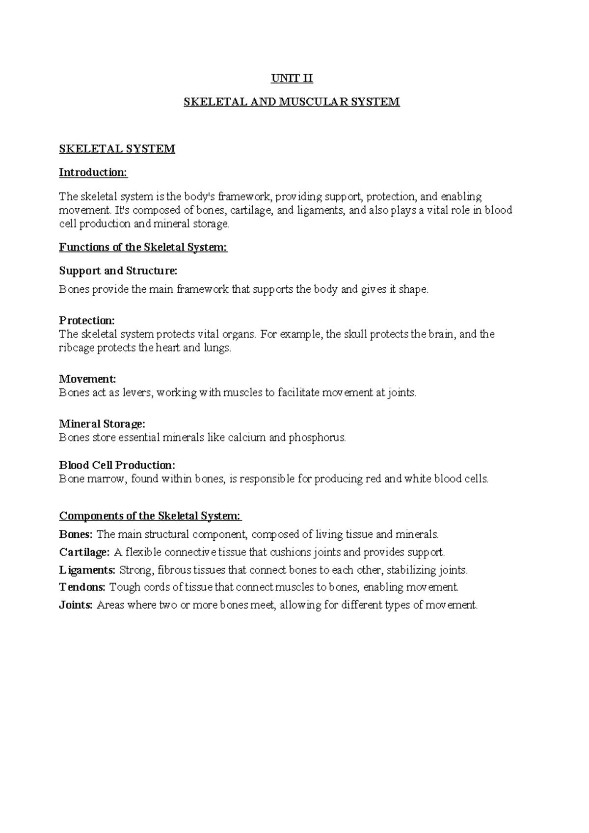 Unit II - Lecture Notes on Skeletal and Muscular Systems - Studocu