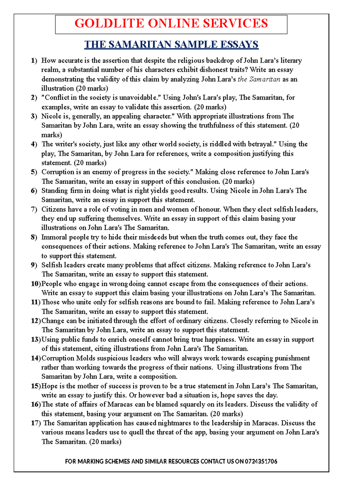 GOLDLITE ONLINE SERVICES: The Samaritan Sample Essays Analysis - Studocu